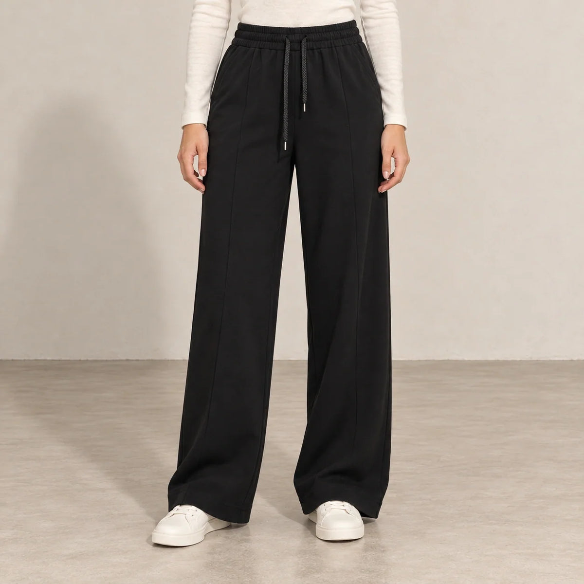 Pintuck Wide-Leg Joggers in Black — ONE MORE