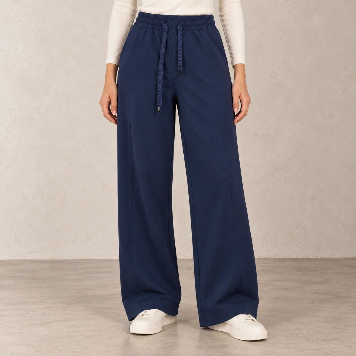 Pintuck Wide-Leg Joggers in Navy — ONE MORE