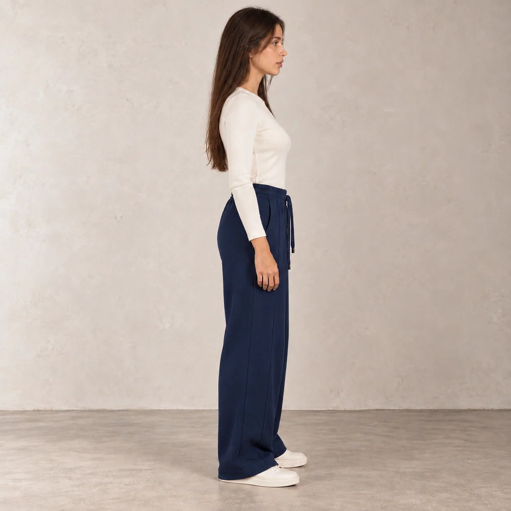 Pintuck Wide-Leg Joggers in Navy — ONE MORE