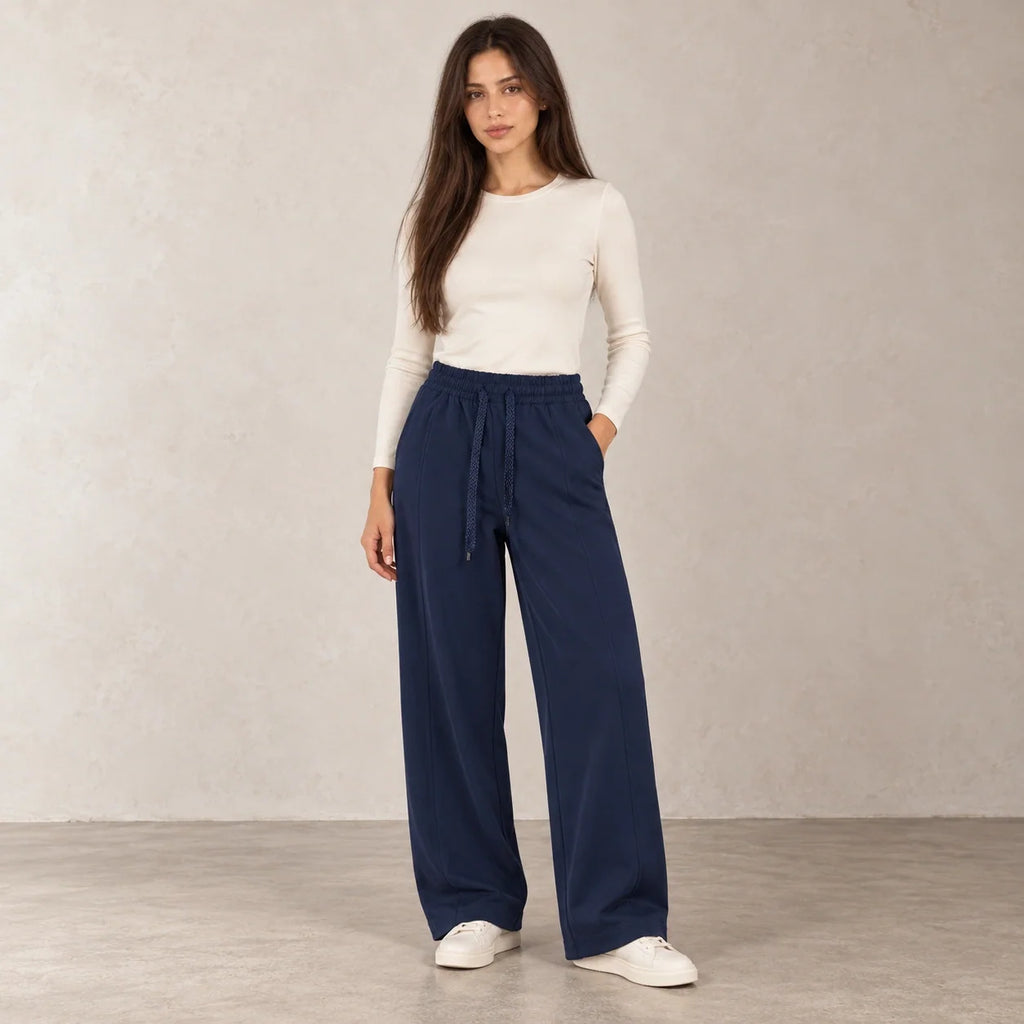 Pintuck Wide-Leg Joggers in Navy — ONE MORE
