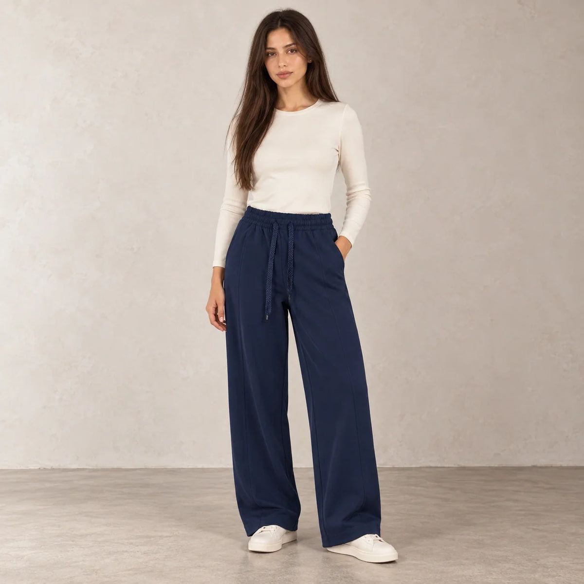 Pintuck Wide-Leg Joggers in Navy — ONE MORE