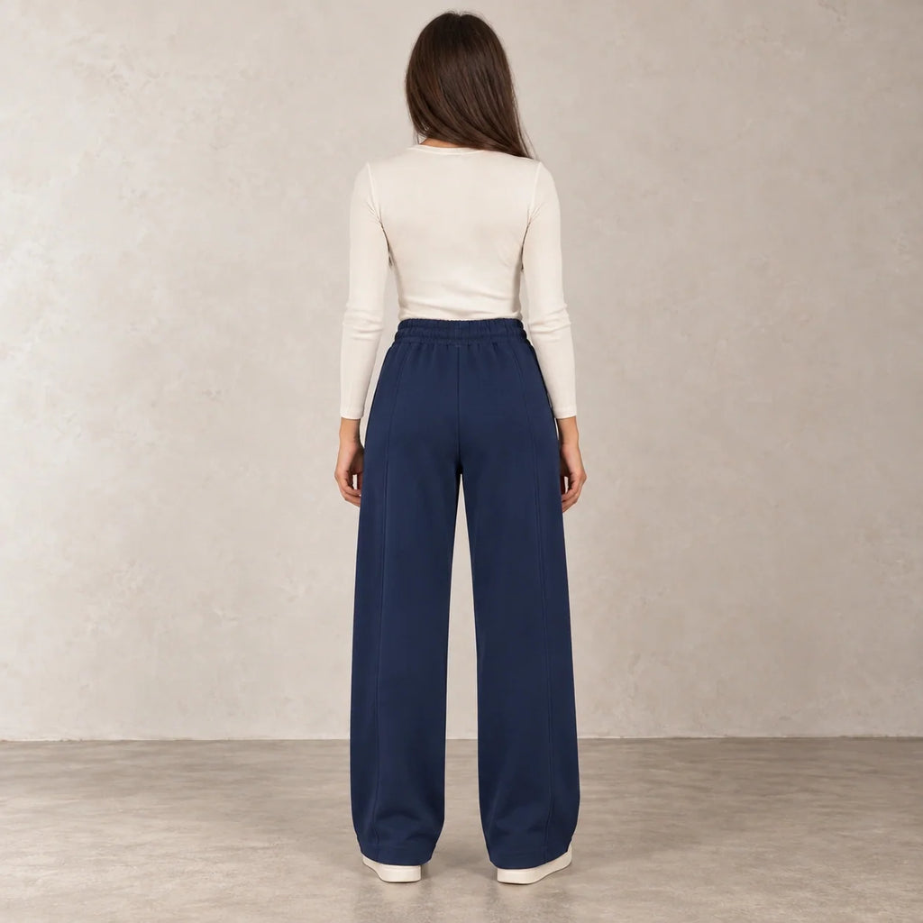 Pintuck Wide-Leg Joggers in Navy — ONE MORE