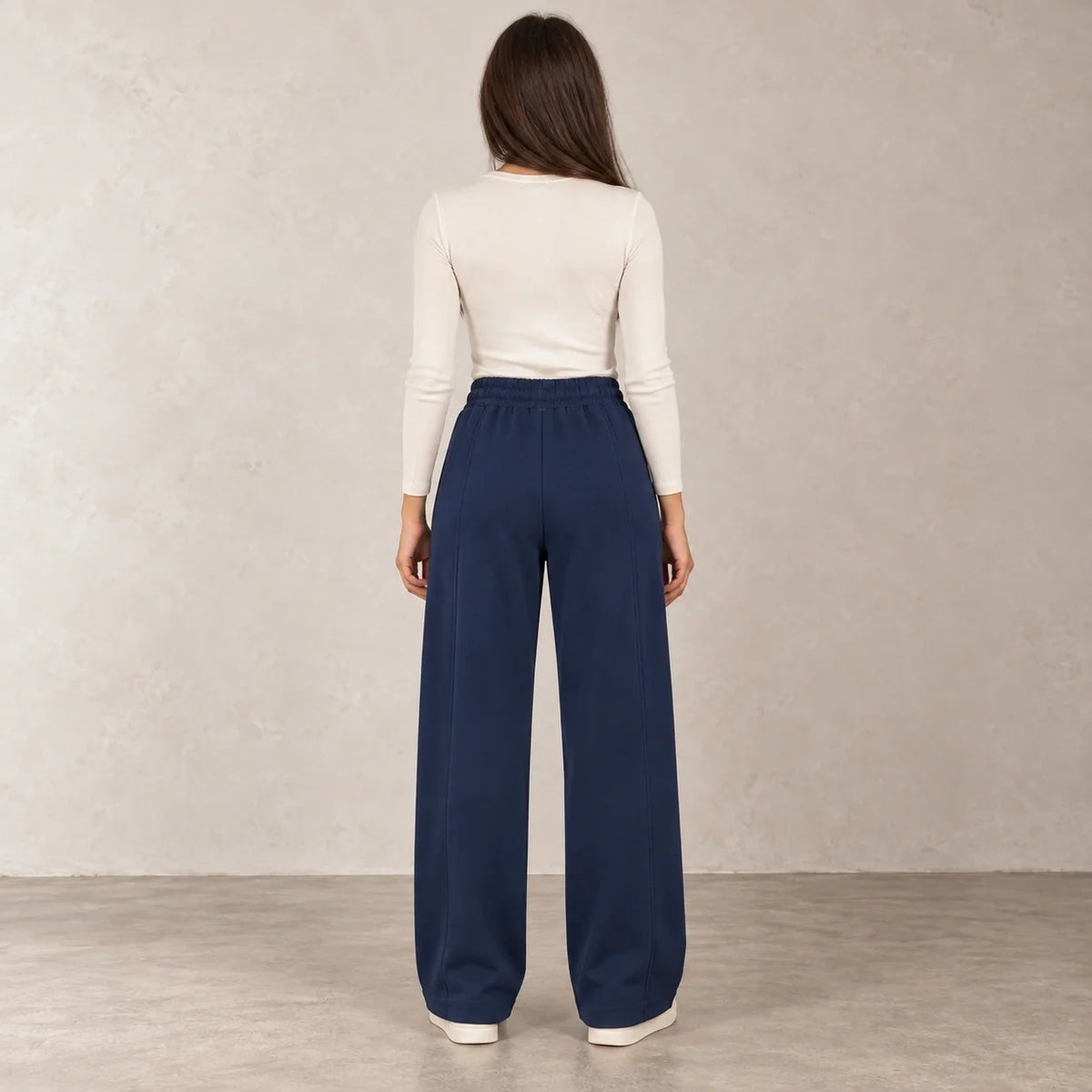 Pintuck Wide-Leg Joggers in Navy — ONE MORE