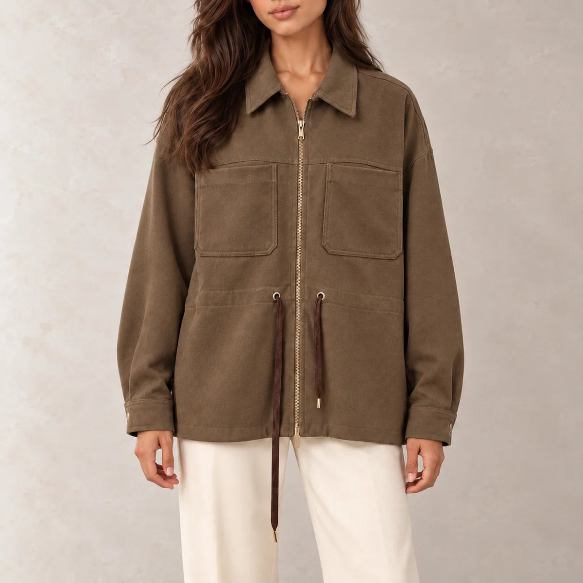 Drawstring Corduroy Overshirt in Brown — ONE MORE