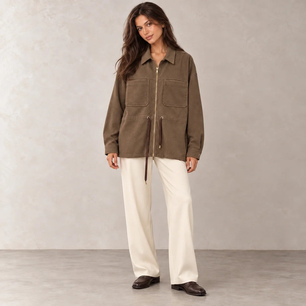 Drawstring Corduroy Overshirt in Brown — ONE MORE