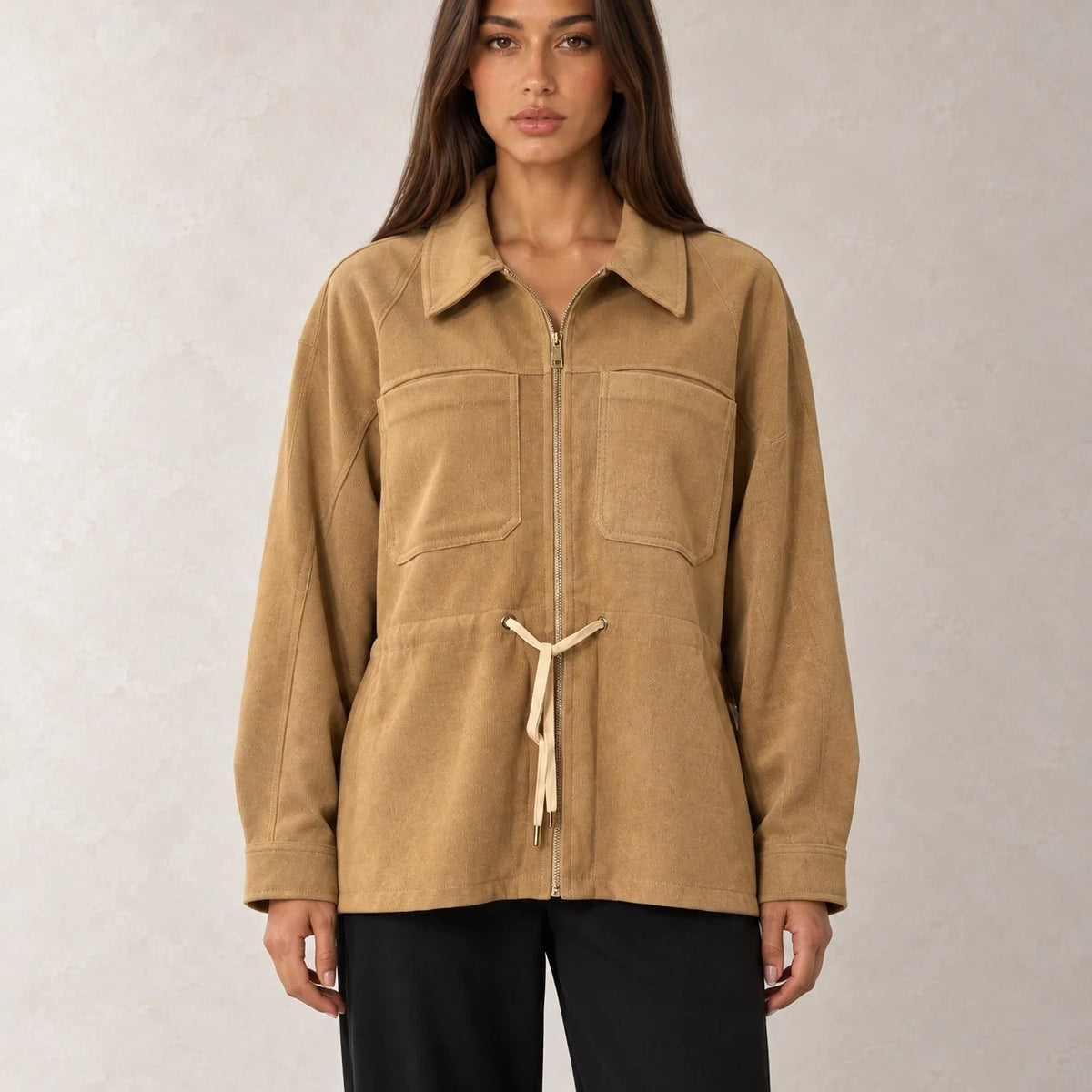 Drawstring Corduroy Overshirt in Camel — ONE MORE
