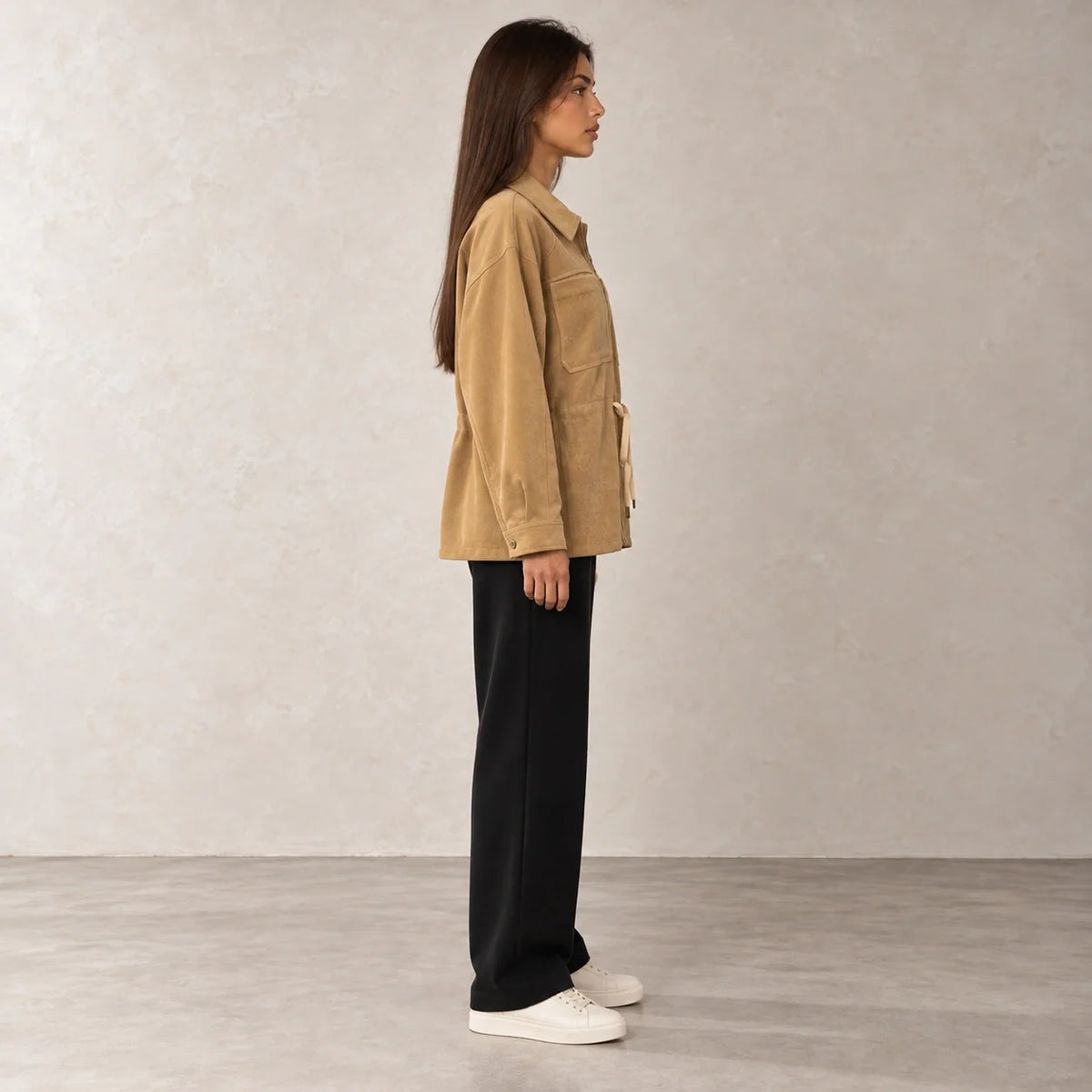 Drawstring Corduroy Overshirt in Camel — ONE MORE