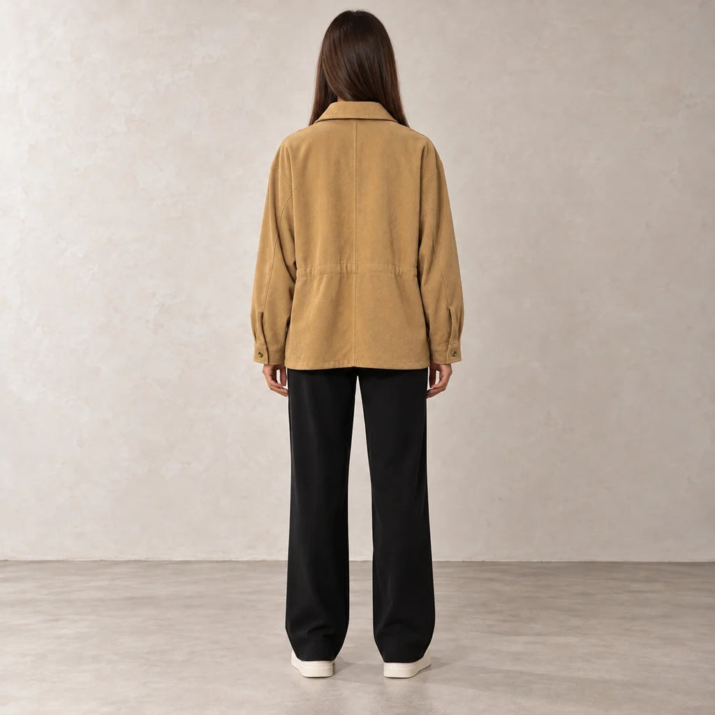 Drawstring Corduroy Overshirt in Camel — ONE MORE