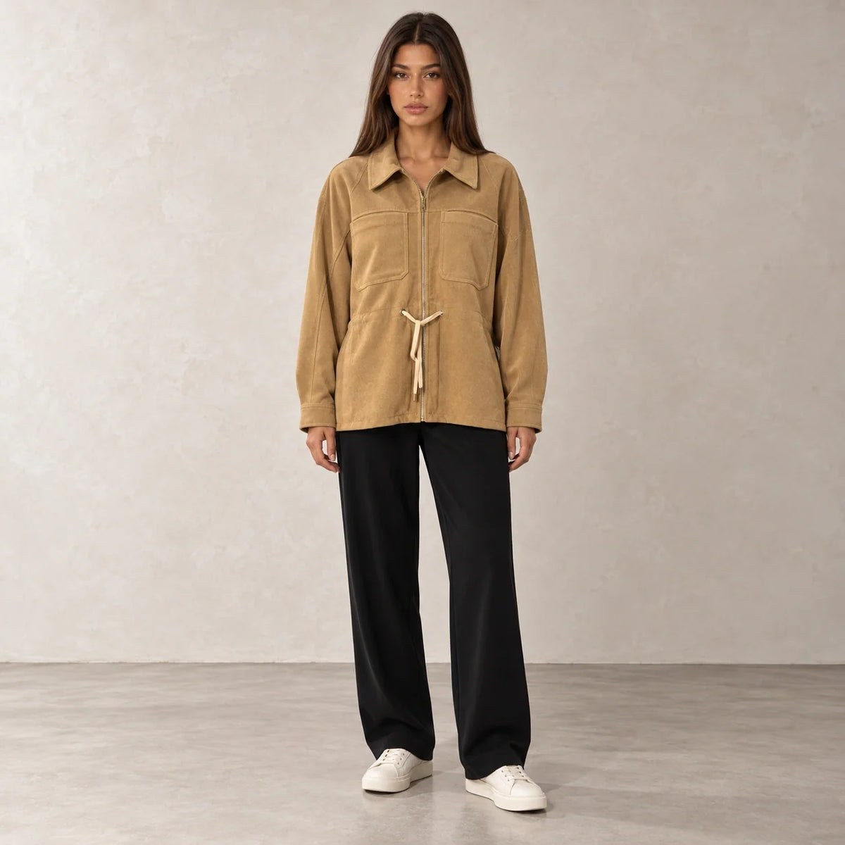 Drawstring Corduroy Overshirt in Camel — ONE MORE