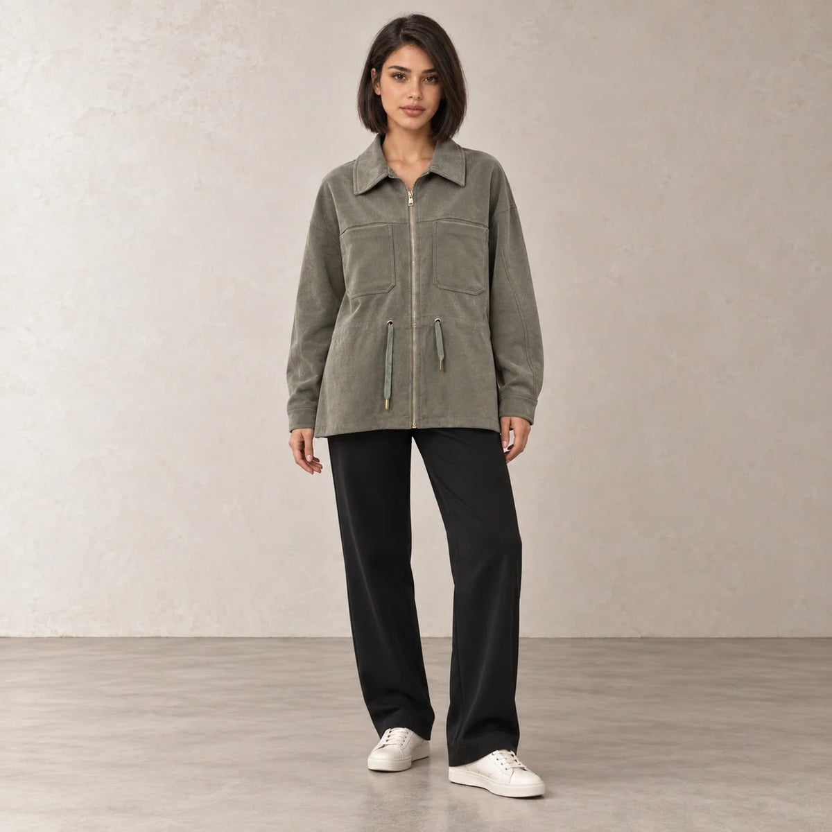 Drawstring Corduroy Overshirt in Olive — ONE MORE