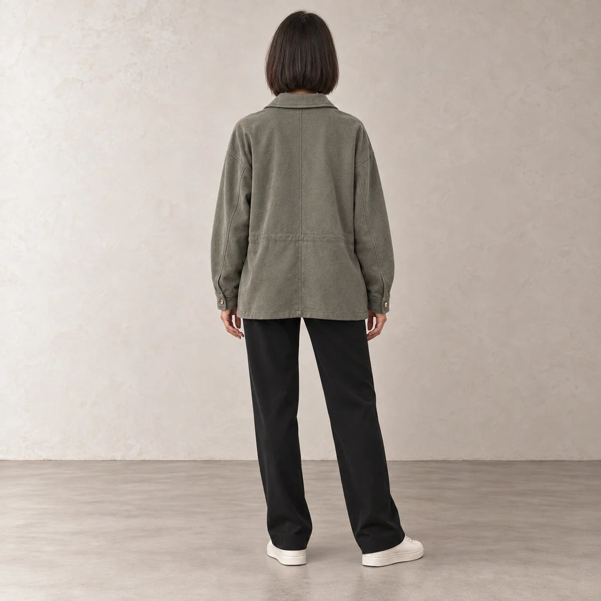 Drawstring Corduroy Overshirt in Olive — ONE MORE