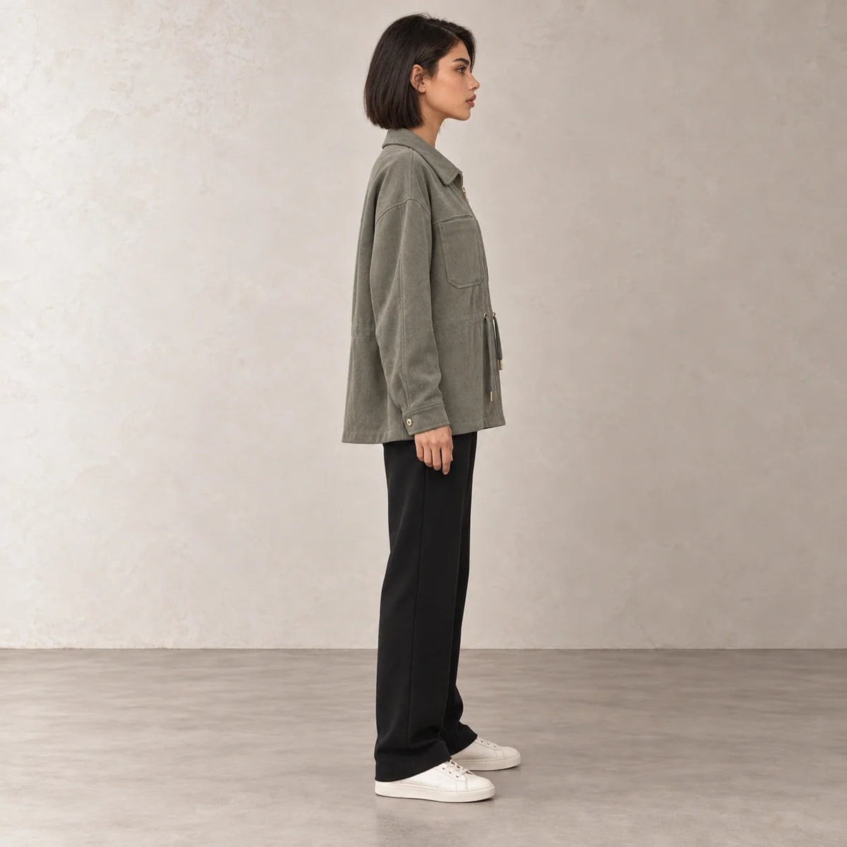 Drawstring Corduroy Overshirt in Olive — ONE MORE