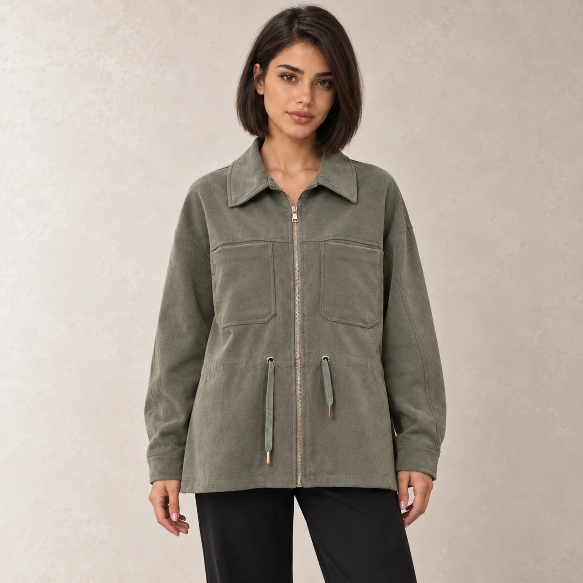 Drawstring Corduroy Overshirt in Olive — ONE MORE