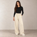 Drawstring Wide-Leg Trousers in Beige — ONE MORE