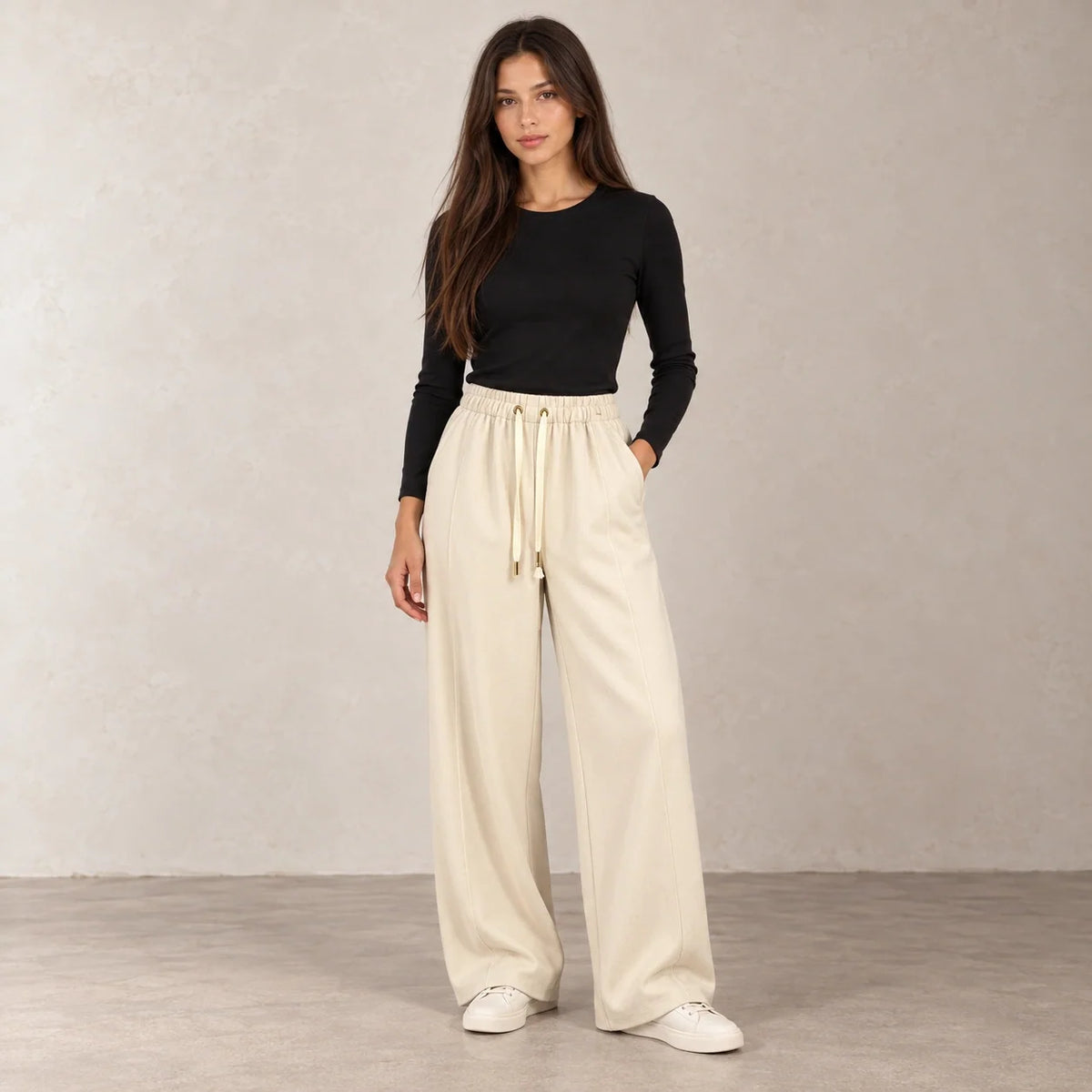 Drawstring Wide-Leg Trousers in Beige — ONE MORE