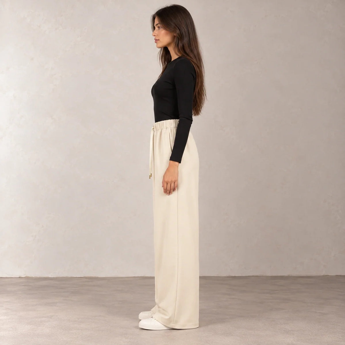 Drawstring Wide-Leg Trousers in Beige — ONE MORE