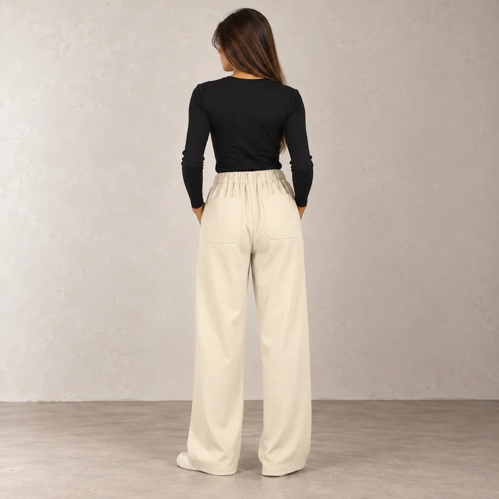 Drawstring Wide-Leg Trousers in Beige — ONE MORE