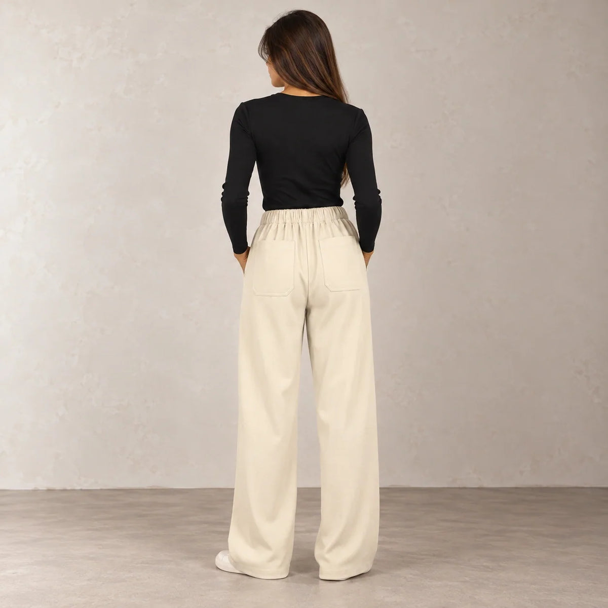 Drawstring Wide-Leg Trousers in Beige — ONE MORE