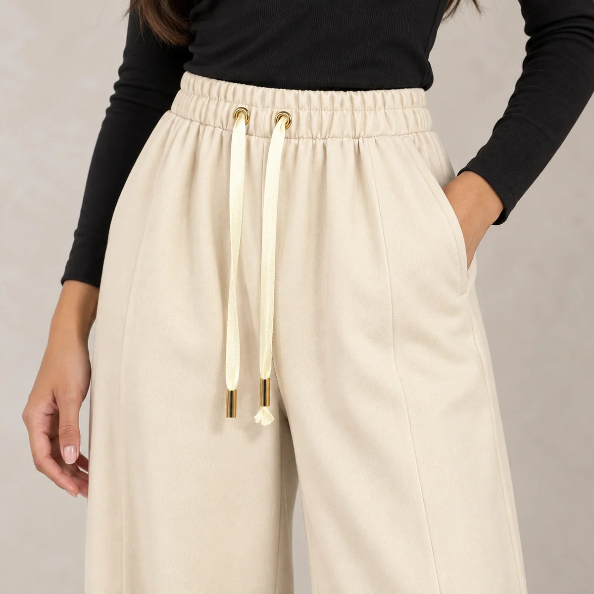 Drawstring Wide-Leg Trousers in Beige — ONE MORE