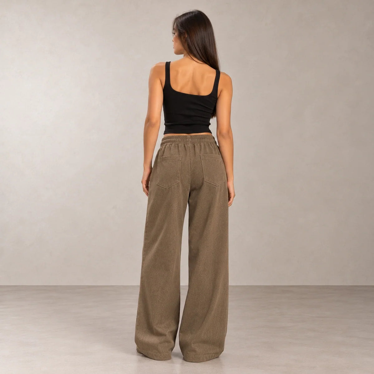 Drawstring Wide-Leg Trousers in Brown — ONE MORE