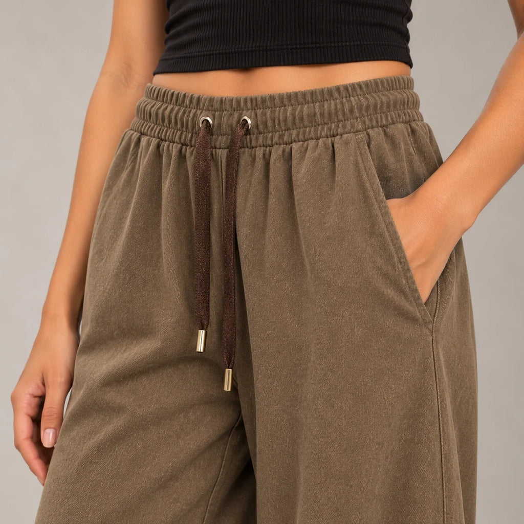 Drawstring Wide-Leg Trousers in Brown — ONE MORE