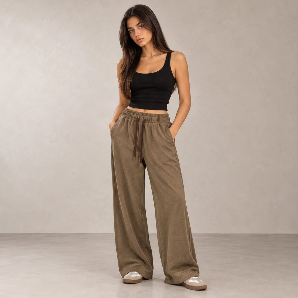 Drawstring Wide-Leg Trousers in Brown — ONE MORE