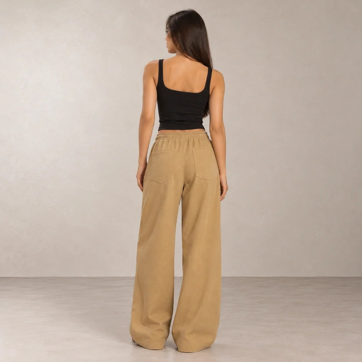 Drawstring Wide-Leg Trousers in Camel — ONE MORE