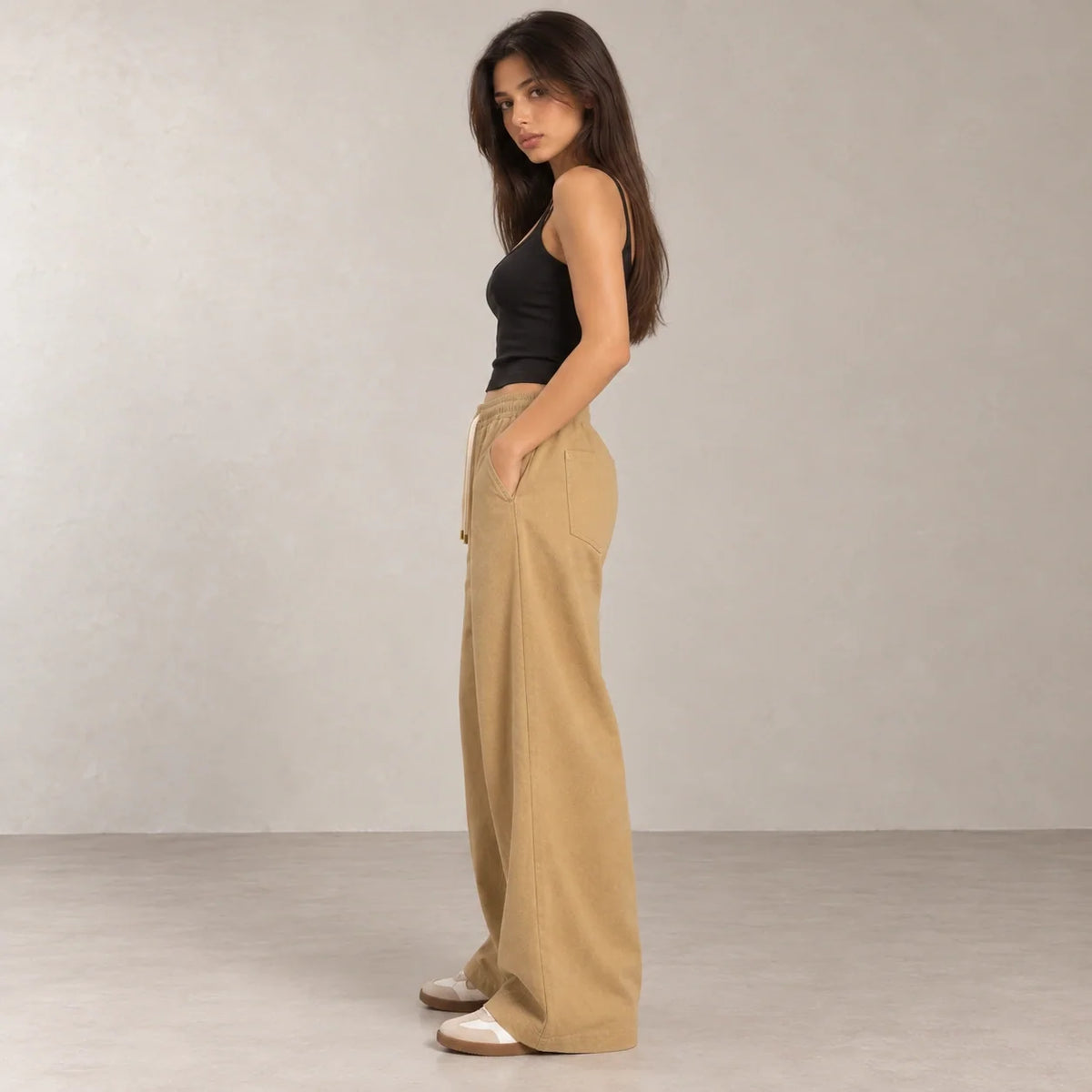 Drawstring Wide-Leg Trousers in Camel — ONE MORE