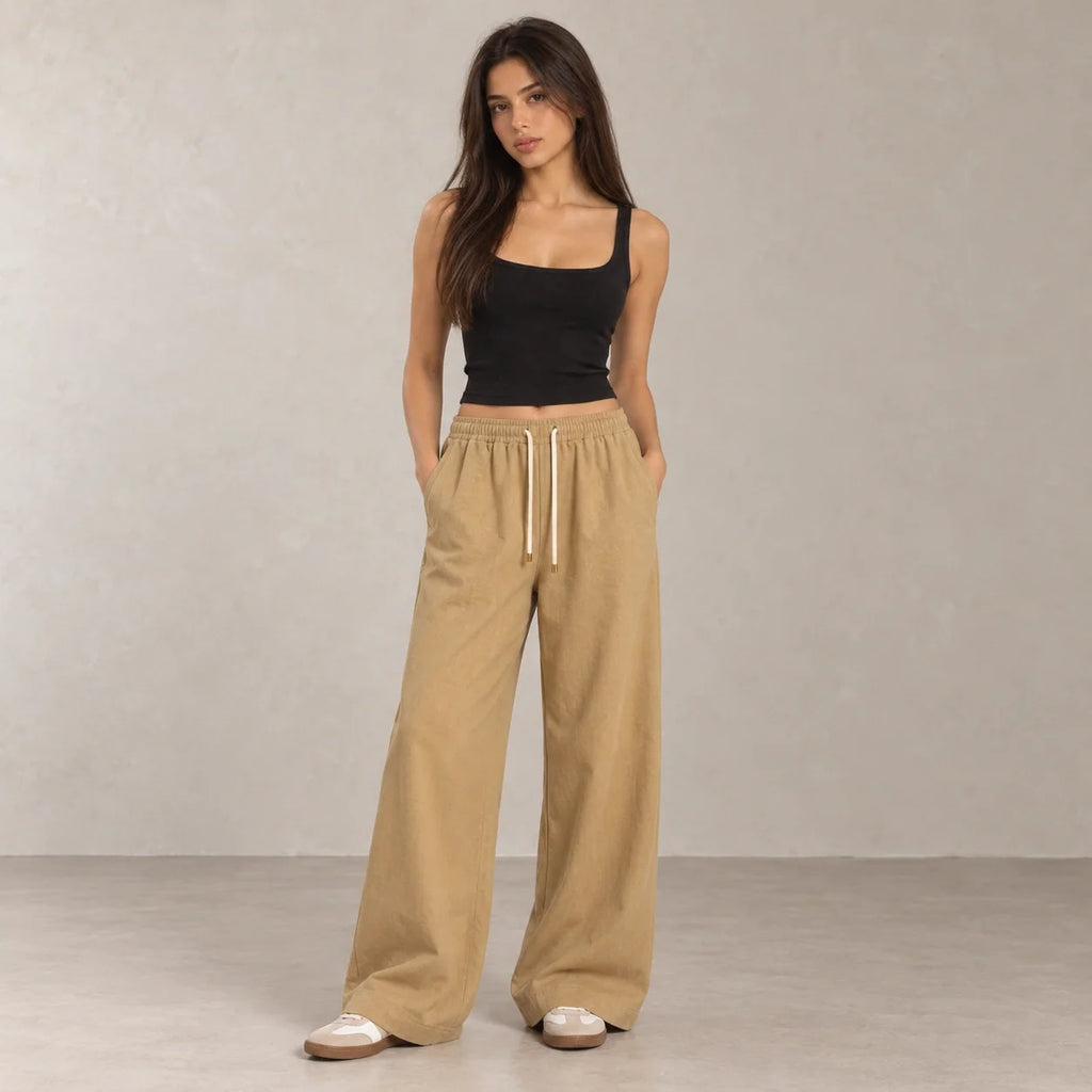 Drawstring Wide-Leg Trousers in Camel — ONE MORE