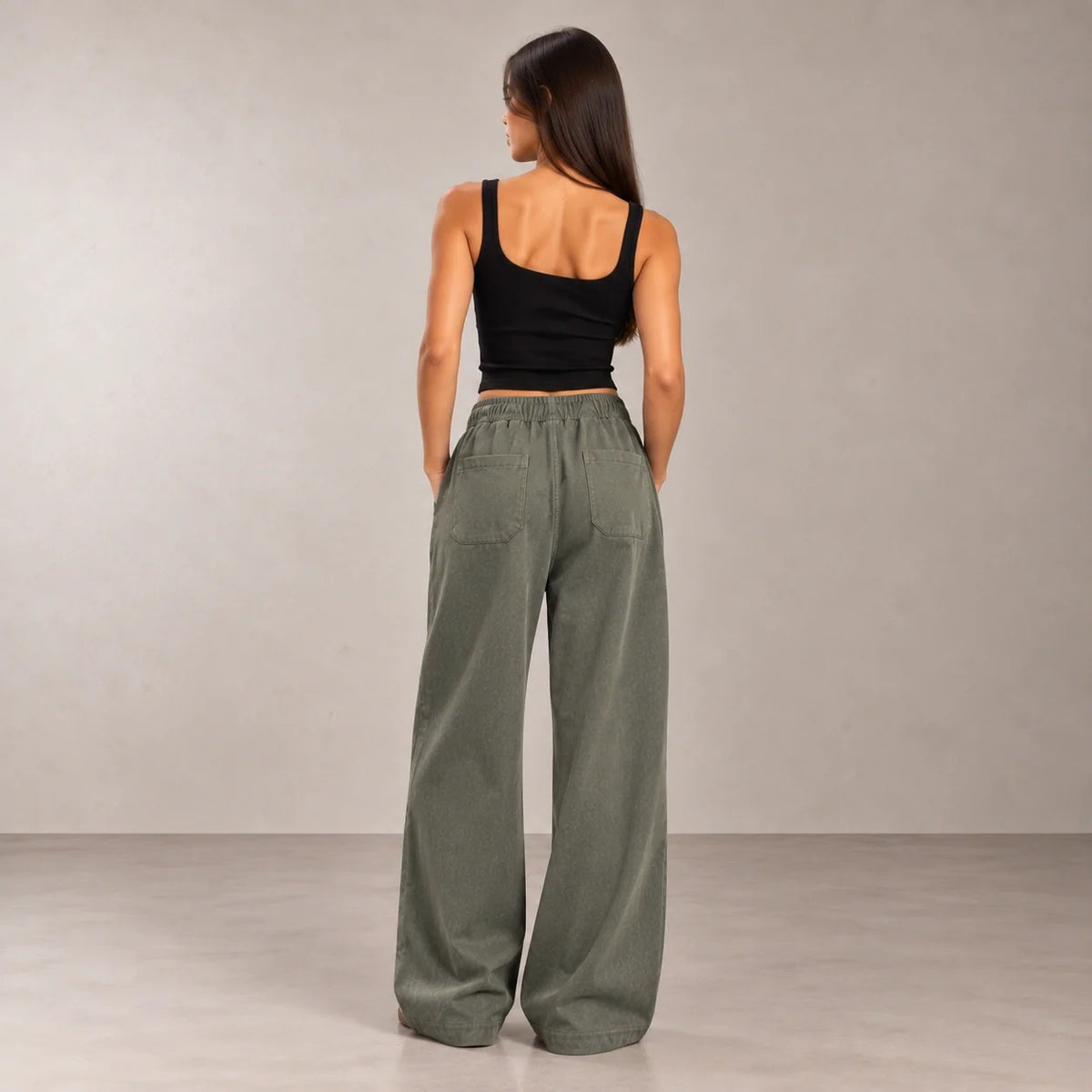 Drawstring Wide-Leg Trousers in Olive — ONE MORE
