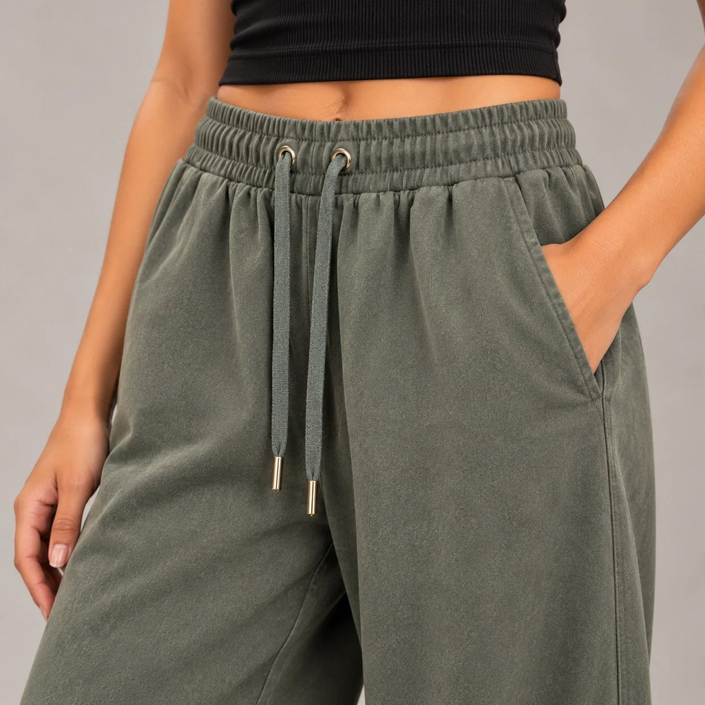 Drawstring Wide-Leg Trousers in Olive — ONE MORE