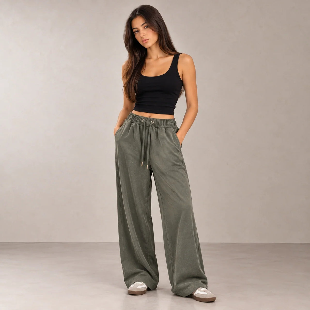 Drawstring Wide-Leg Trousers in Olive — ONE MORE