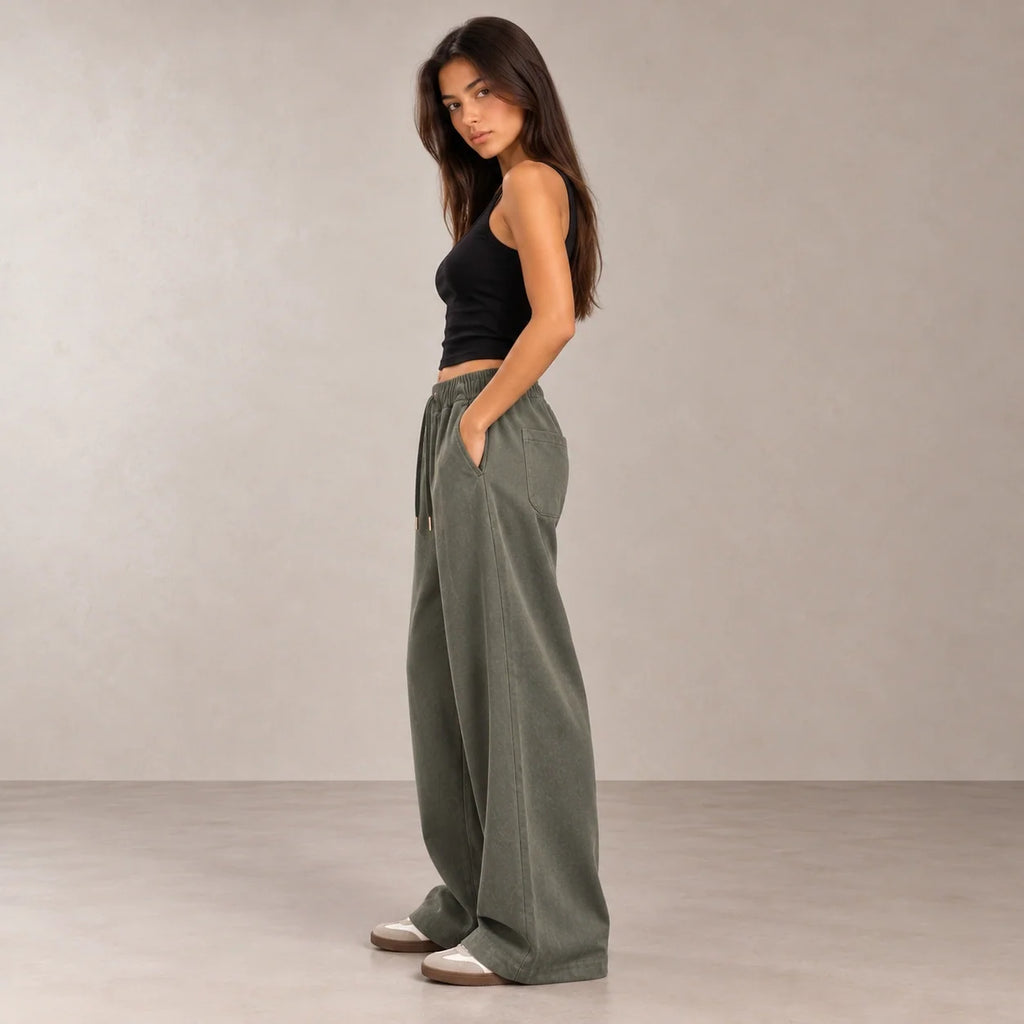 Drawstring Wide-Leg Trousers in Olive — ONE MORE