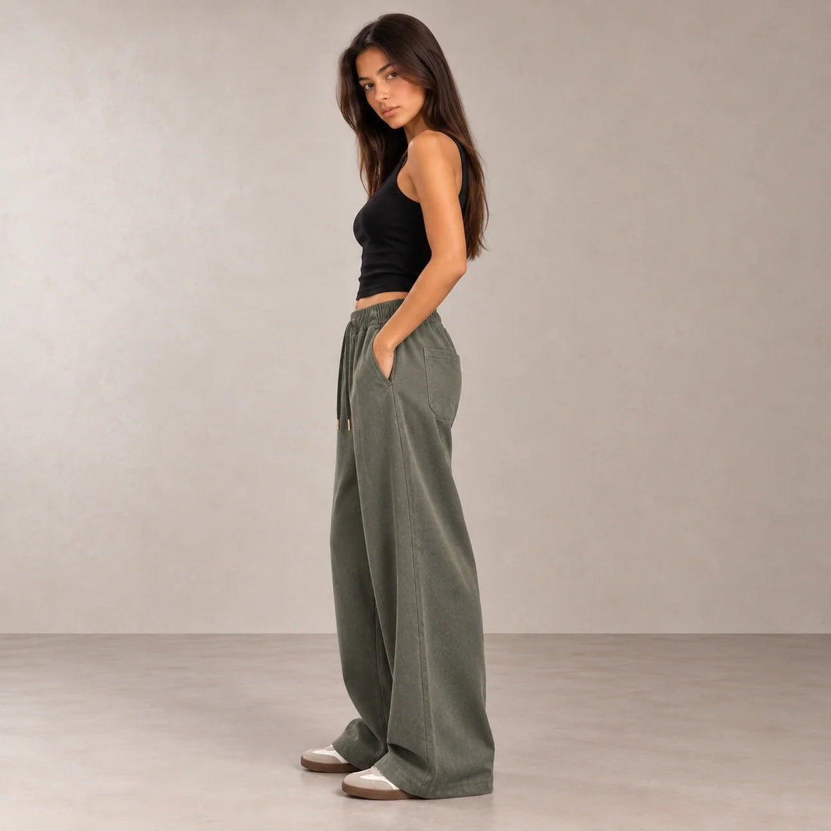 Drawstring Wide-Leg Trousers in Olive — ONE MORE