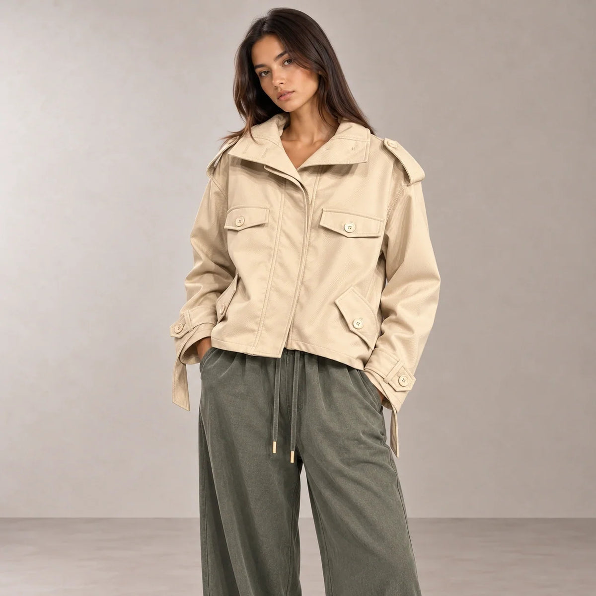 Cropped Utility Safari Jacket in Beige — ONE MORE