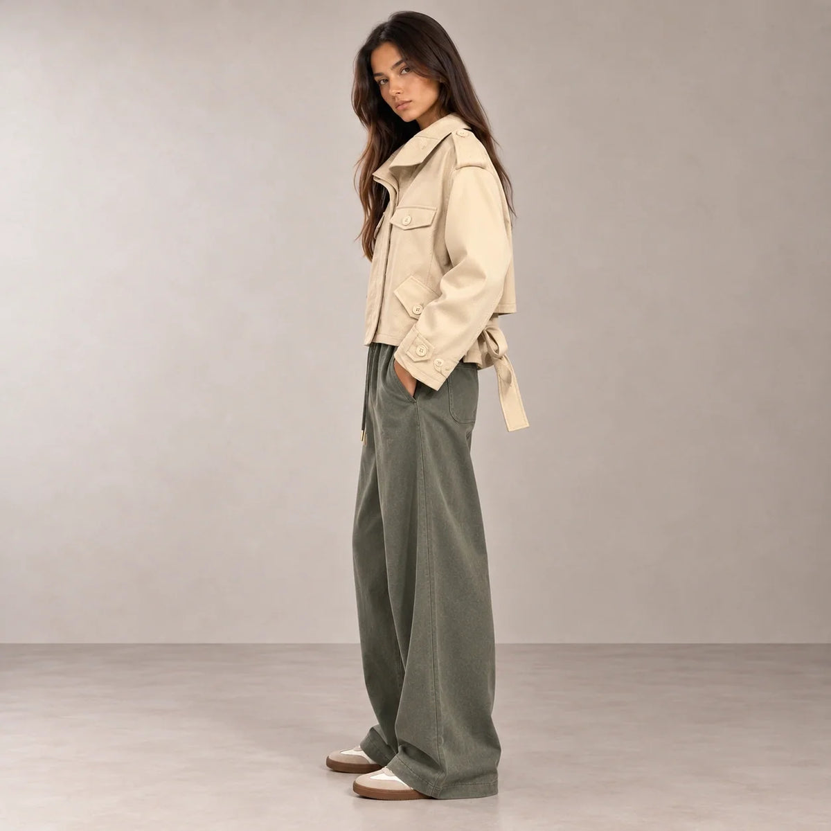 Cropped Utility Safari Jacket in Beige — ONE MORE