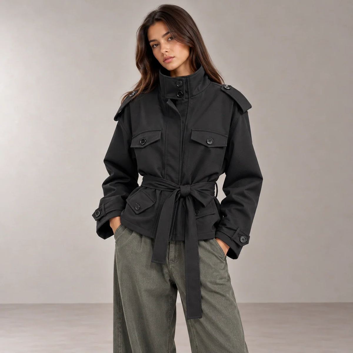 Cropped Utility Safari Jacket in Black — ONE MORE