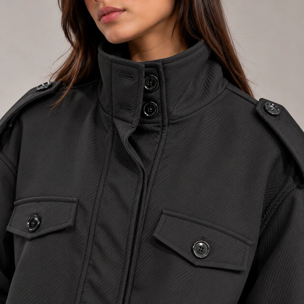 Cropped Utility Safari Jacket in Black — ONE MORE