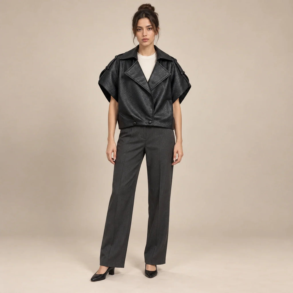 Short-Sleeve Cropped Leather Jacket in Black — ONE MORE