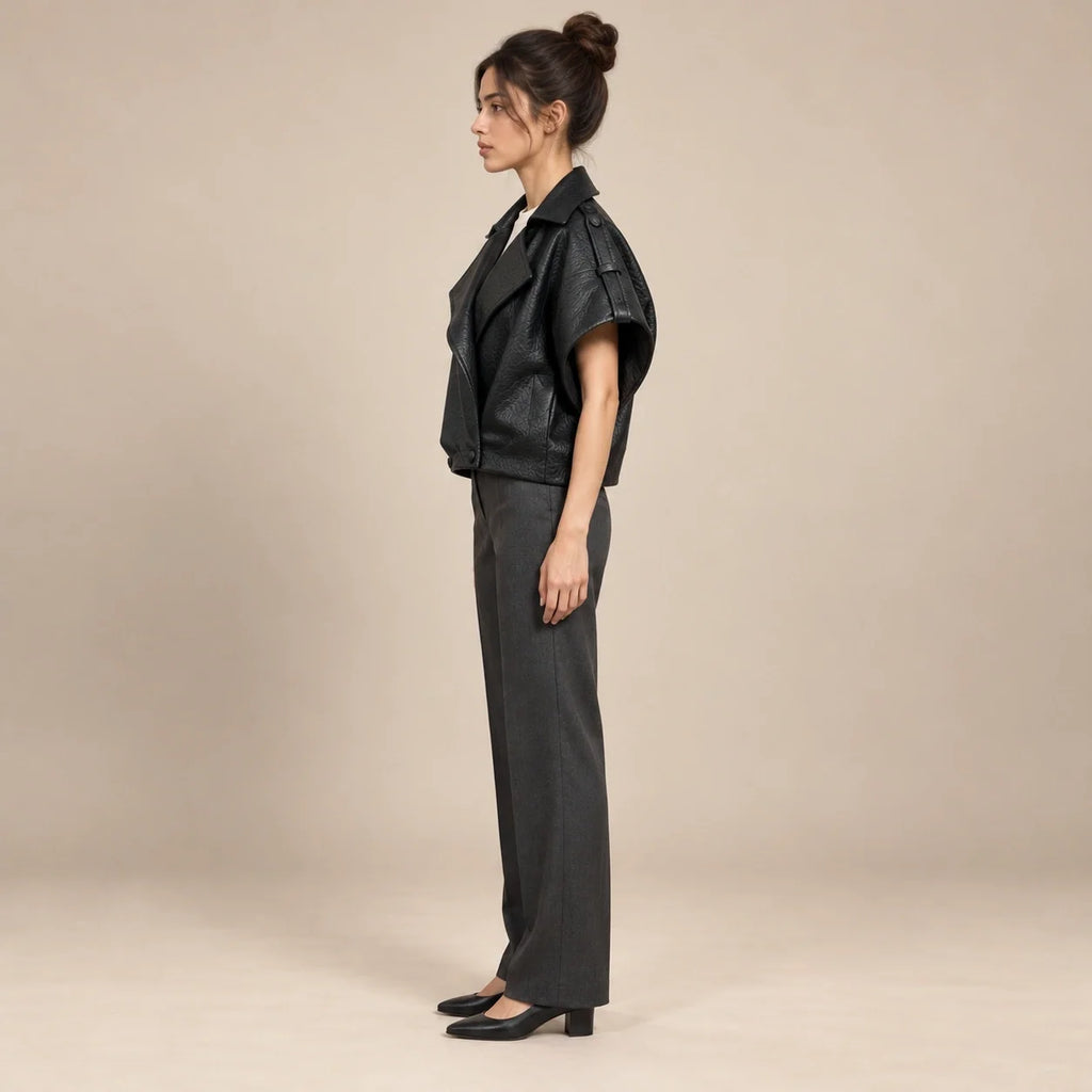 Short-Sleeve Cropped Leather Jacket in Black — ONE MORE