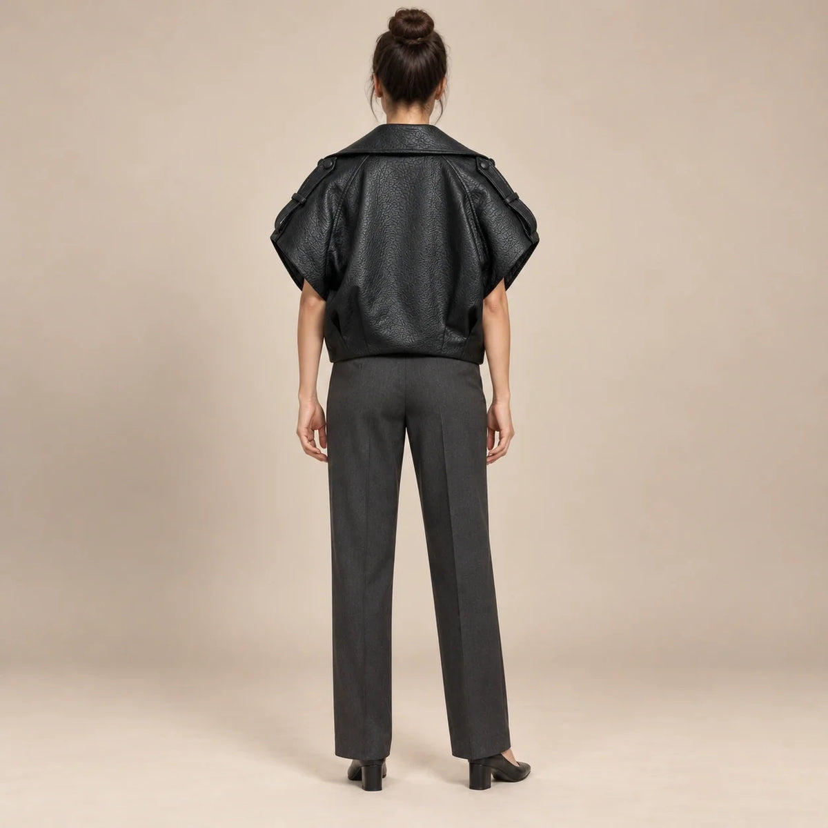 Short-Sleeve Cropped Leather Jacket in Black — ONE MORE
