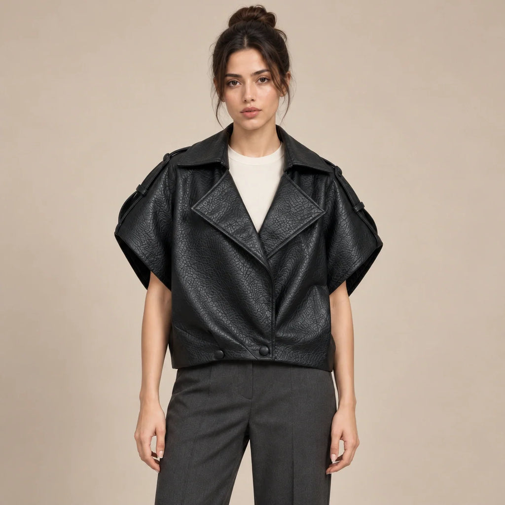 Short-Sleeve Cropped Leather Jacket in Black — ONE MORE
