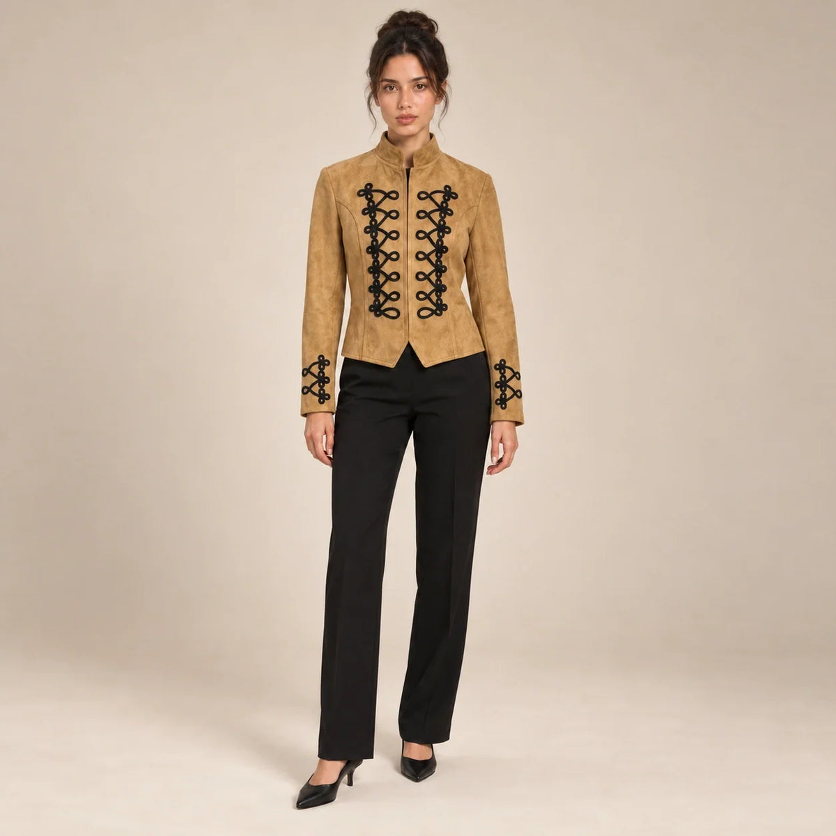 Soutache Trim Military Jacket in Camel — ONE MORE