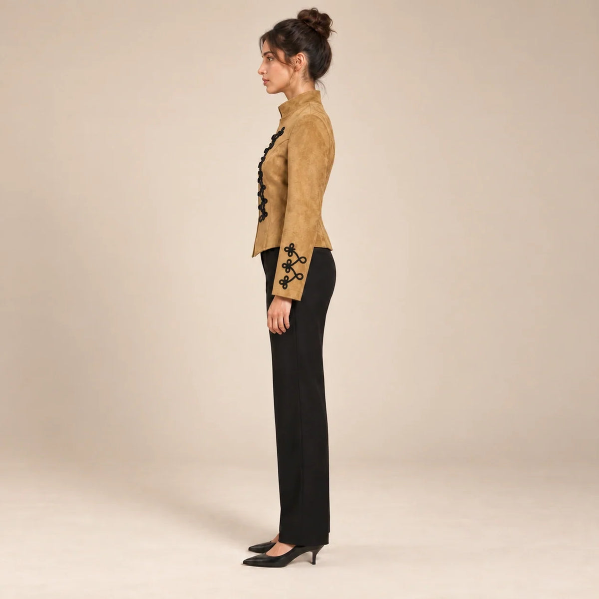 Soutache Trim Military Jacket in Camel — ONE MORE