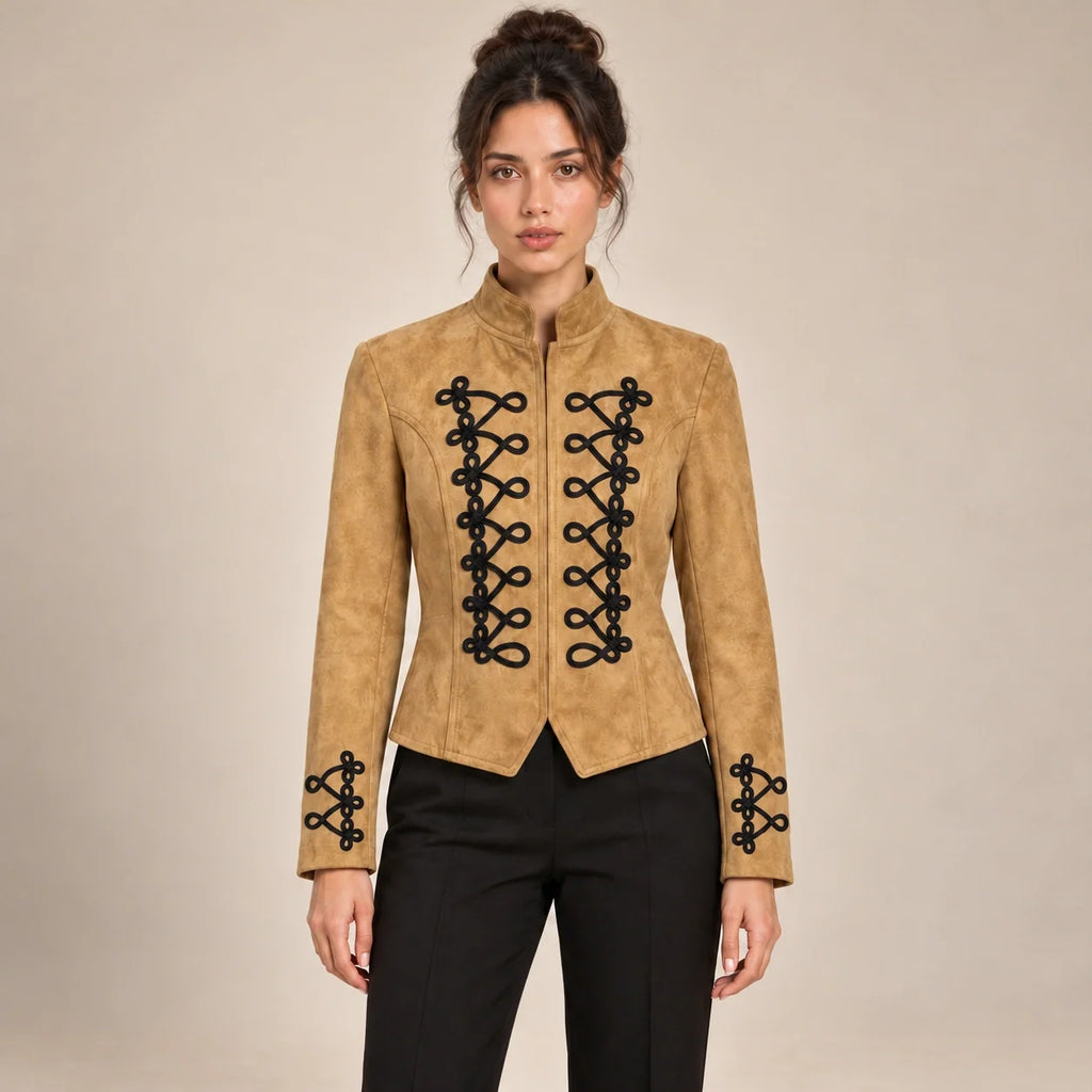 Soutache Trim Military Jacket in Camel — ONE MORE