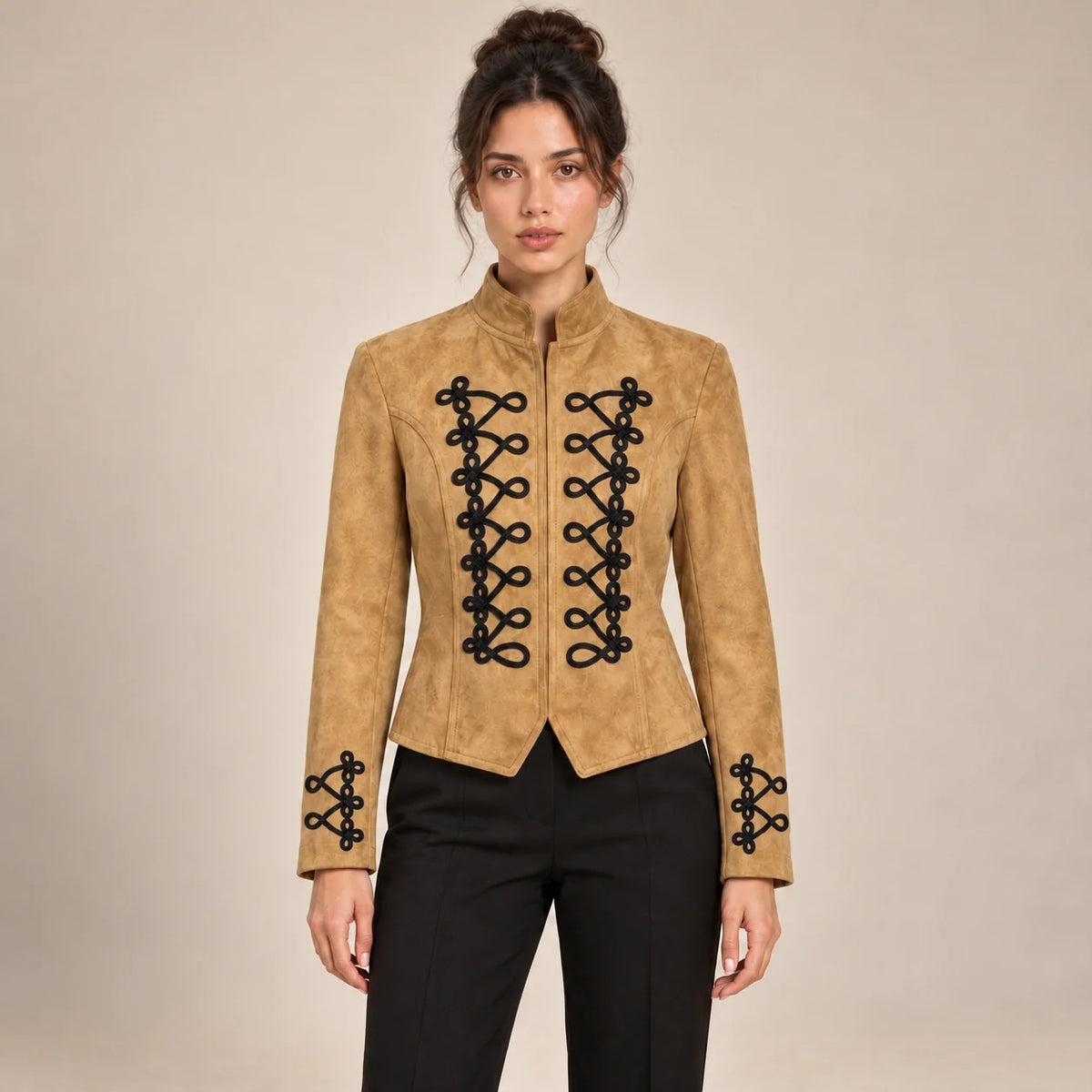 Soutache Trim Military Jacket in Camel — ONE MORE