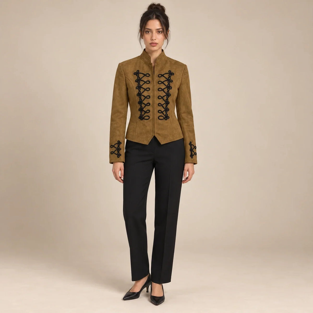 Soutache Trim Military Jacket in Chocolate — ONE MORE