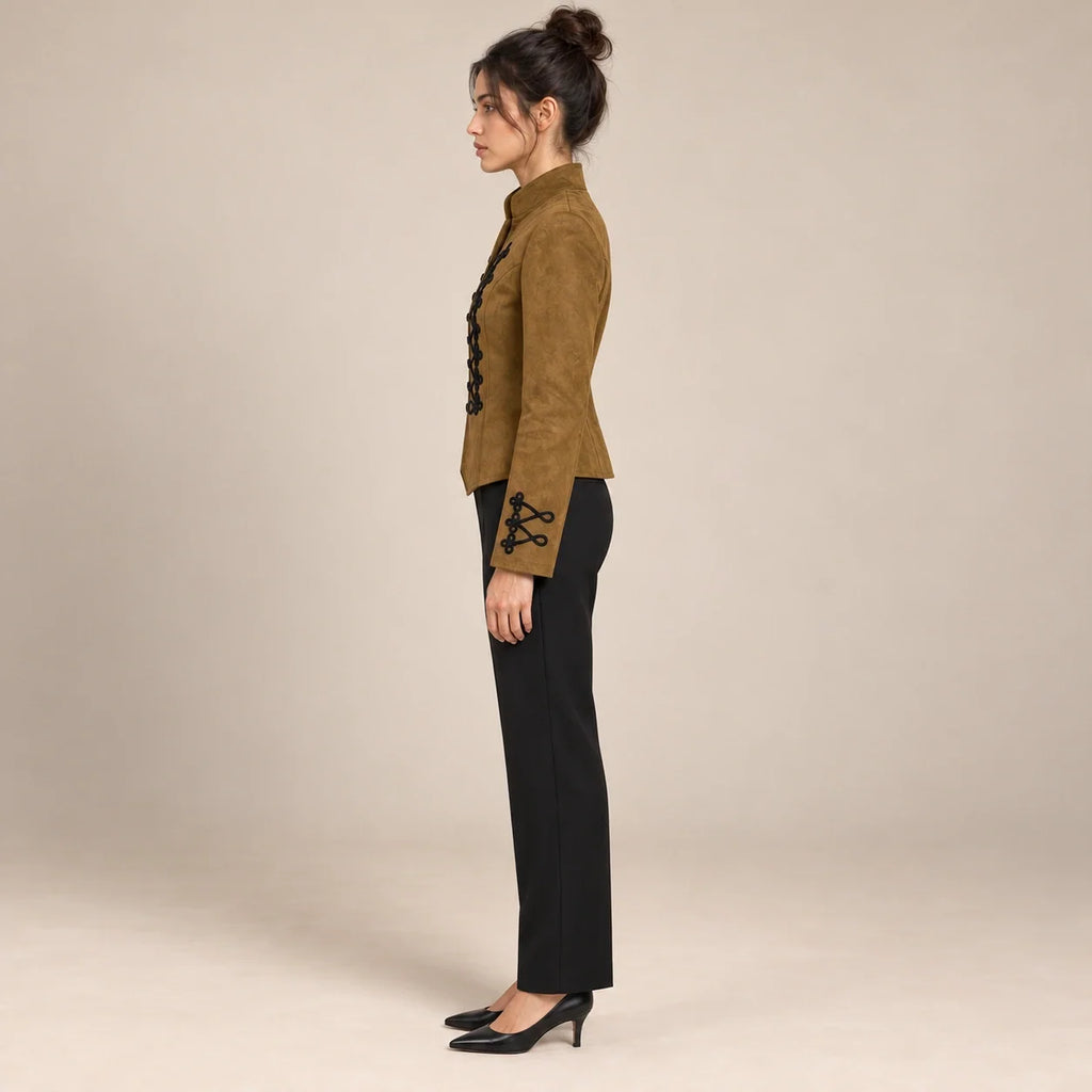Soutache Trim Military Jacket in Chocolate — ONE MORE