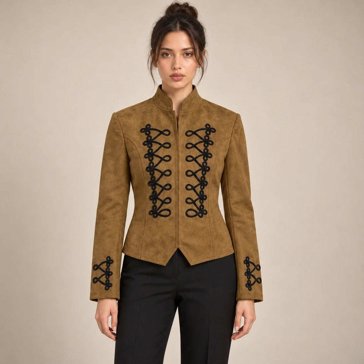 Soutache Trim Military Jacket in Chocolate — ONE MORE