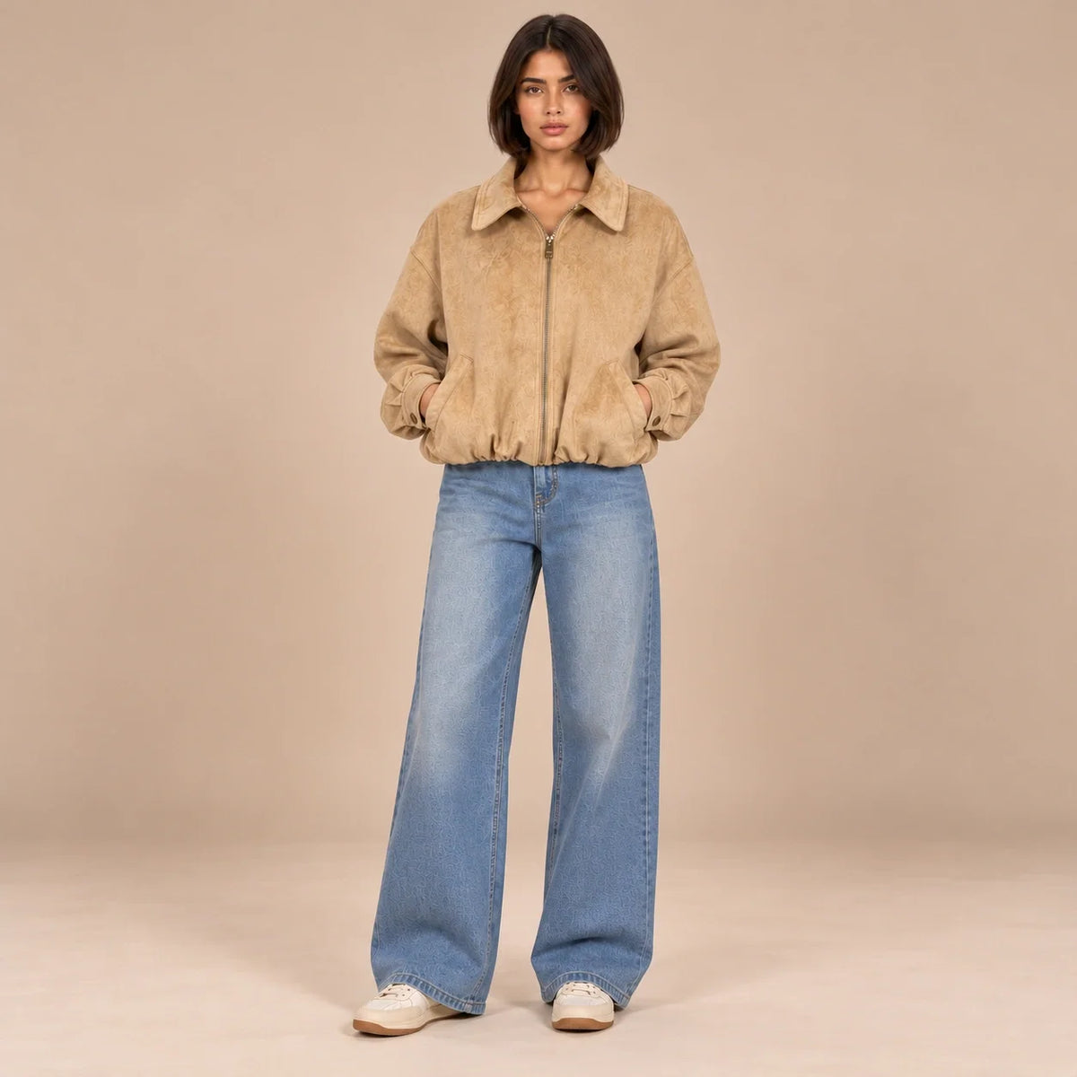 Suede Zip Bomber Jacket in Beige — ONE MORE